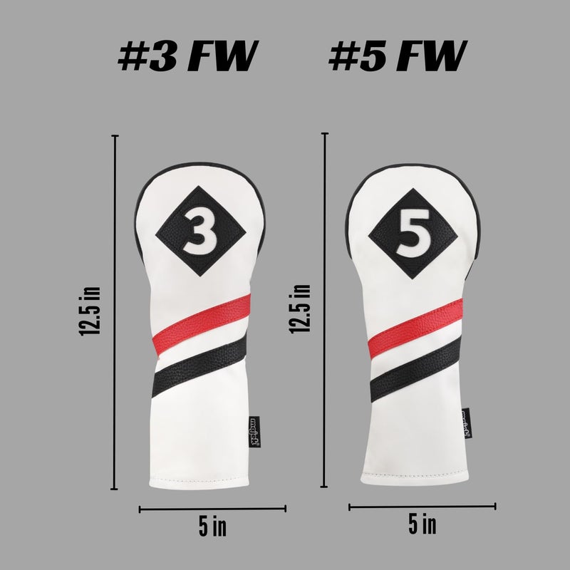 Majek Retro Golf Headcovers White Red and Black Vintage Leather Style 3 & 5 Fairway Wood Head Cover Classic Look - Image 3